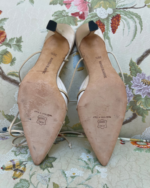 Manolo Blahnik Beige Satin Heels with Leather Wrap Around Straps and Tie