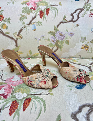 Ralph Lauren Beige Canvas Slides with Printed Crossover Straps