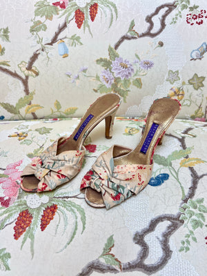 Ralph Lauren Beige Canvas Slides with Printed Crossover Straps