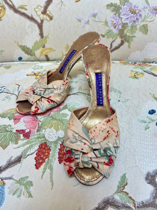 Ralph Lauren Beige Canvas Slides with Printed Crossover Straps