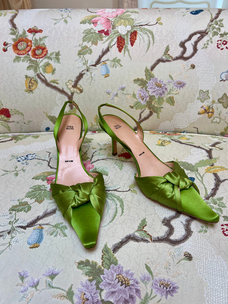 Vera Wang Green Satin Slingback Heel with Twisted Knot
