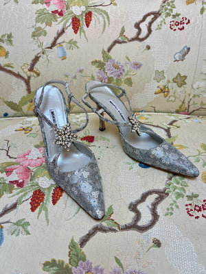 Manolo Blahnik Blue Silver Slingback Floral Jacquard Heels with Rhinestone Star