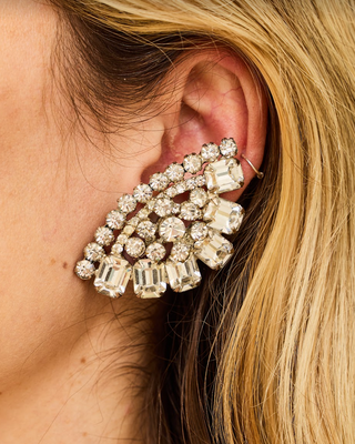 Large Silver Multi Shaped Rhinestone Fan Ear Clips