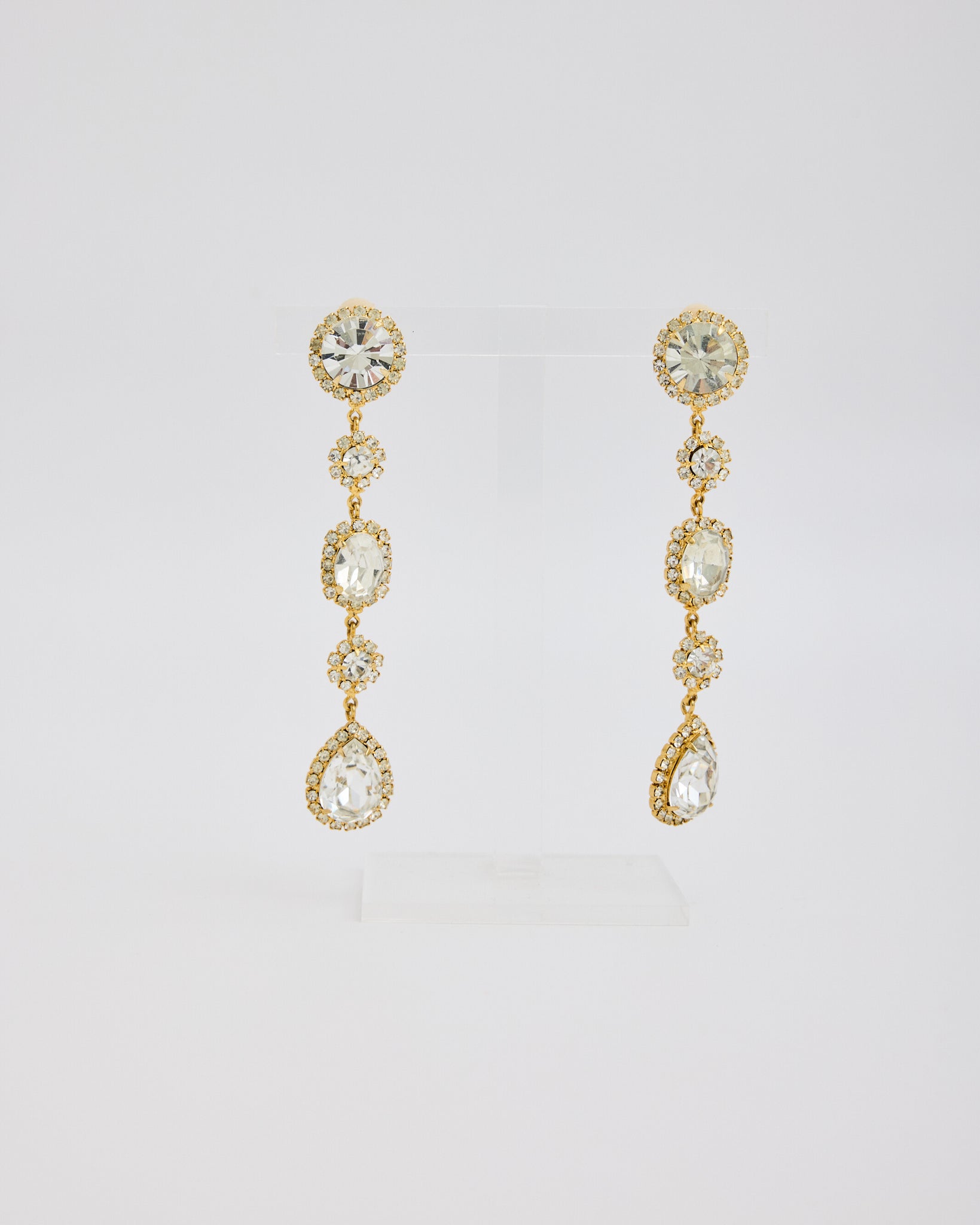 Gold Five Dangle Ear Clips with Silver Rhinestones