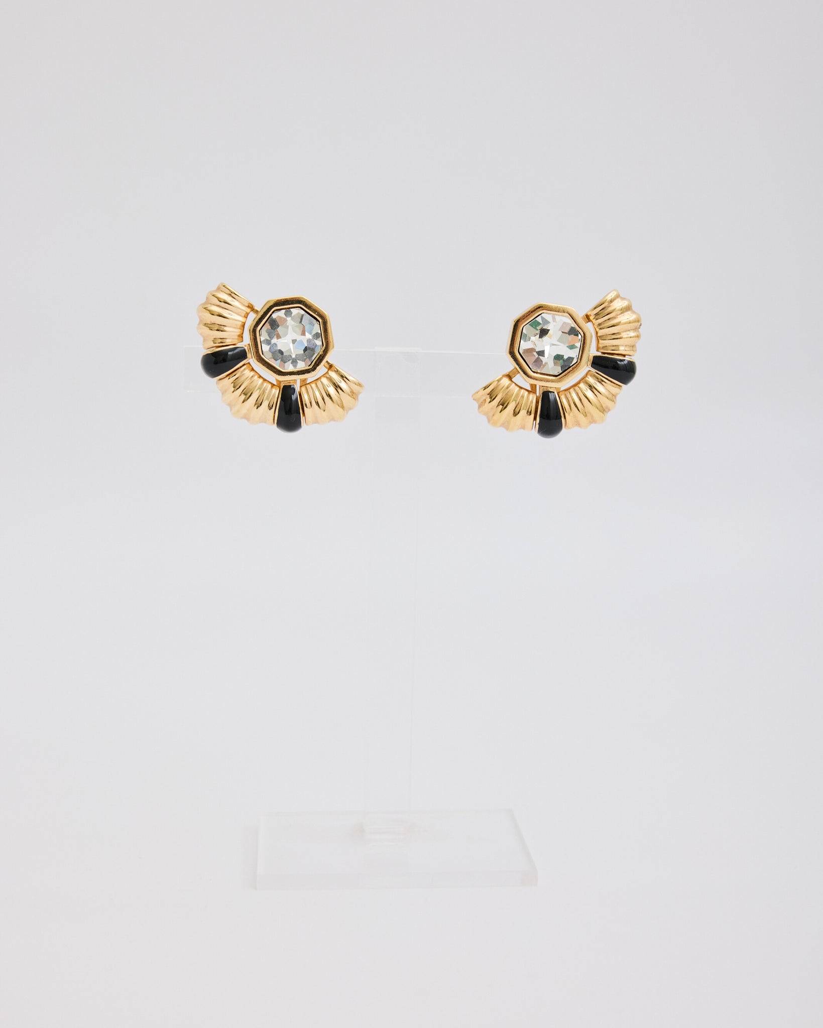 Swarovski Gold and Black Half Circle Ear Clips with Rhinestone Center