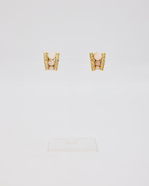 Gold Ramp Shaped Ear Clips with Rhinestones and 3 Pearly Beads