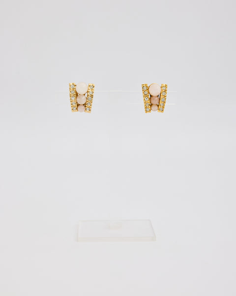 Gold Ramp Shaped Ear Clips with Rhinestones and 3 Pearly Beads