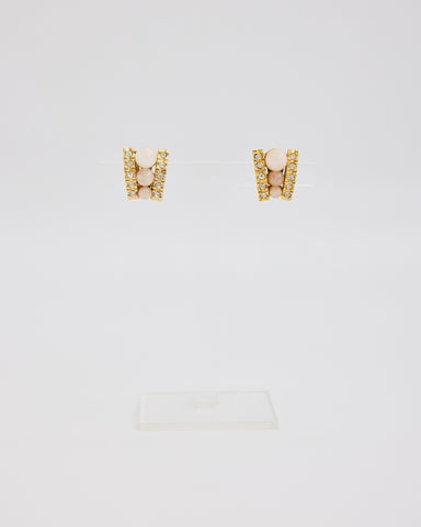 Gold Ramp Shaped Ear Clips with Rhinestones and 3 Pearly Beads