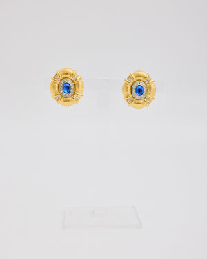 Gold Ear Clips with Blue Stone and Rhinestones