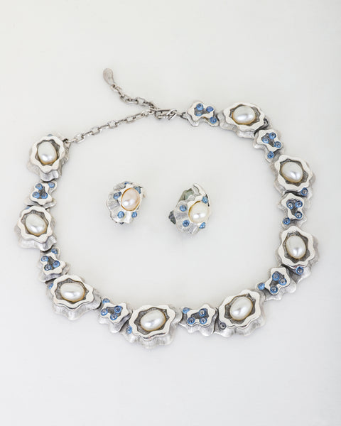Silver Metal Pearl and Blue Abstract Necklace and Earring Set