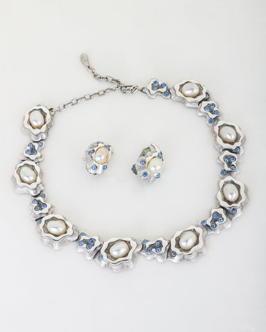 Silver Metal Pearl and Blue Abstract Necklace and Earring Set