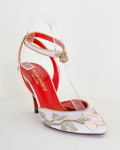 Yves Saint Laurent Rive Gauche Taupe Satin Floral Embroidered Heels | Size 37