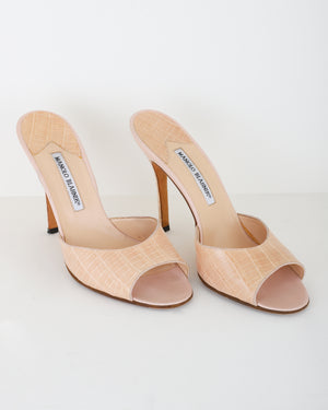 Manolo Blahnik Beige Leather Embossed Slide Heels | Size 40 1/2
