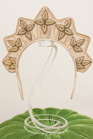 Gold Leaf Embroidered Raffia Headpiece by Magnetic Midnight
