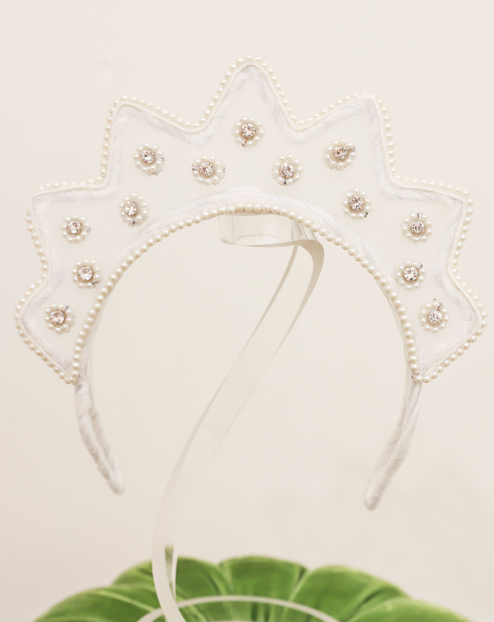 Crystal and Pearl Embroidered Tulle White Headpiece by Magnetic Midnight