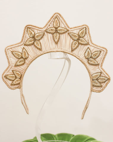 Gold Leaf Embroidered Raffia Headpiece by Magnetic Midnight